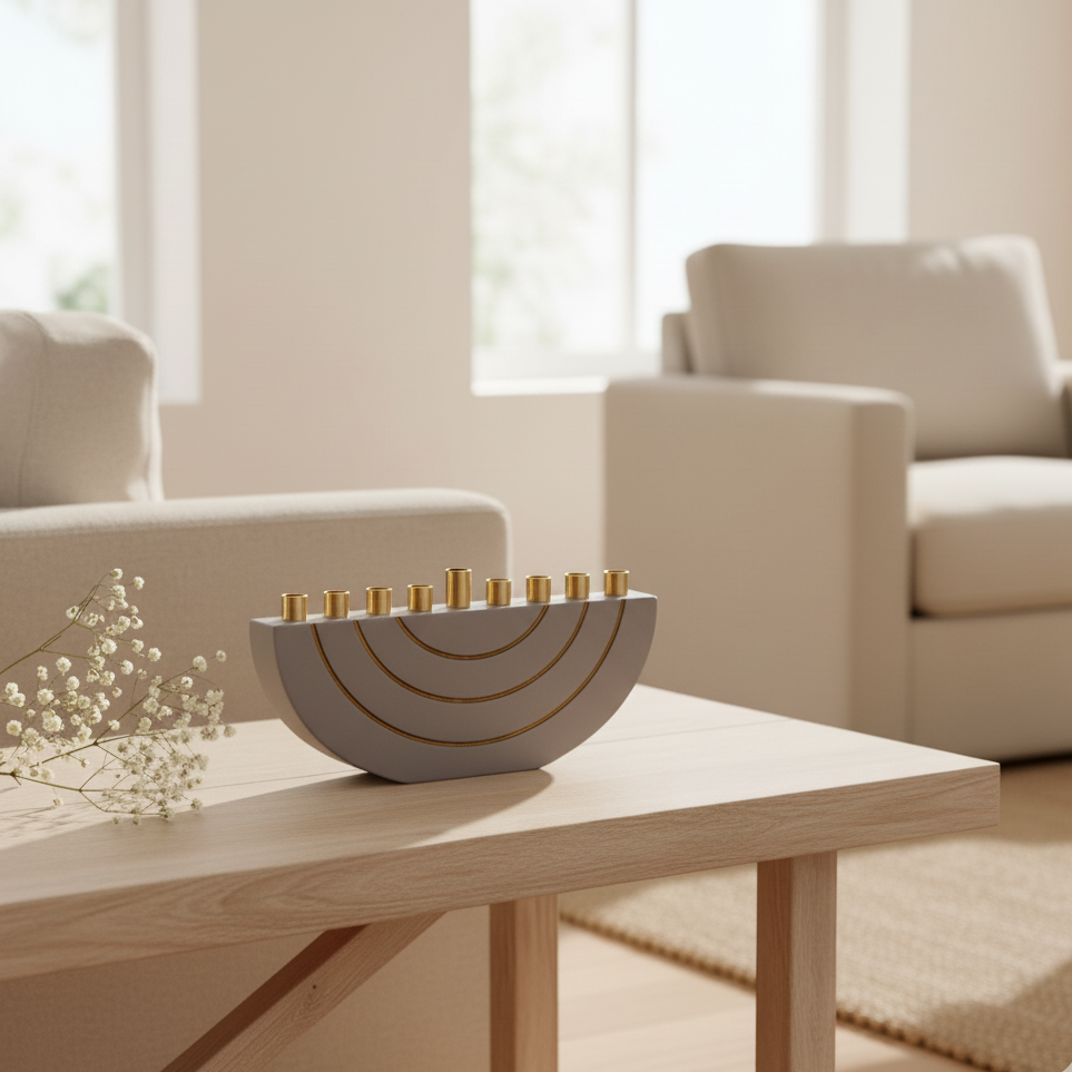 חנוכיות מבטון בעיצוב נקי עם קנים בצבע זהב - דגם GLAM 