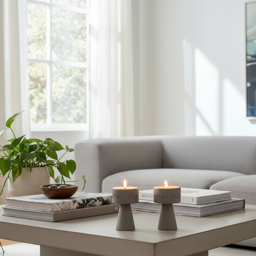 סט פמוטי שבת מודרניים מבטון לבן – דגם Solura 