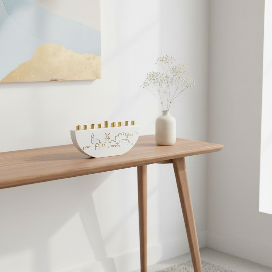 חנוכיה מבטון אמיתי בצבעים מרהיבים עם קנים בצבע זהב - מודל Jerusalem Outline L 