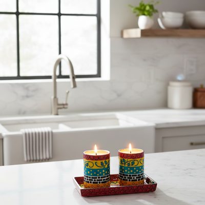 פמוטים צבעוניים בעבודת יד עם מגש – נגיעה של אור עם הרבה סטייל - דגם Glows 