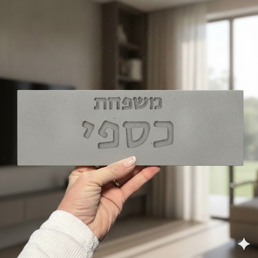 שלט מעוצב לכניסה לבית עם שמות מבטון טבעי בצבע אפור עם חריטה - דגם Concrete Chic 