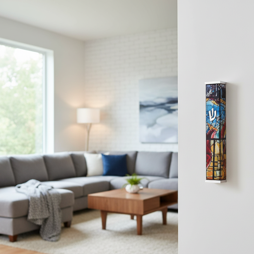 מזוזה מיוחדת בעיצוב אומנותי על רקע חלונות שאגאל בצבעים מרשימים 