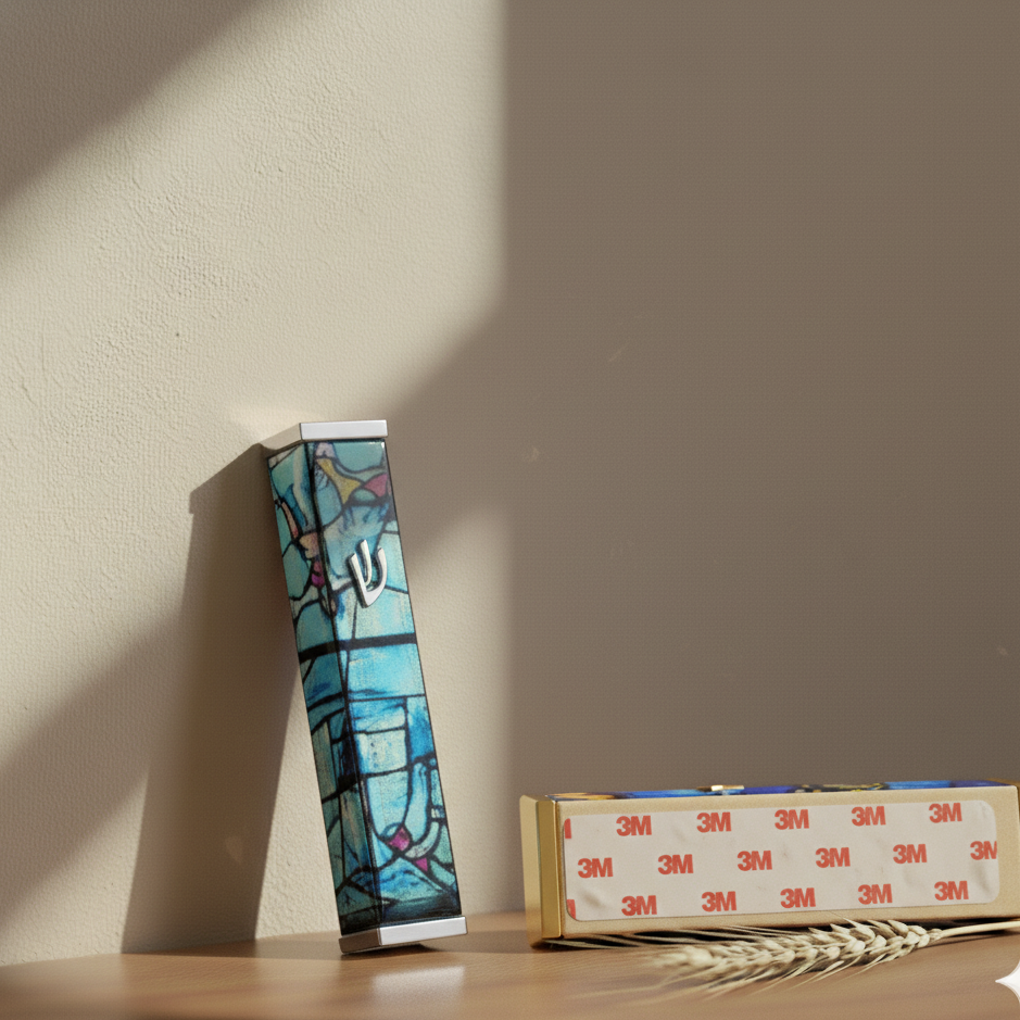 מזוזה מיוחדת בעיצוב אומנותי על רקע חלונות שאגאל בצבעים מרשימים 