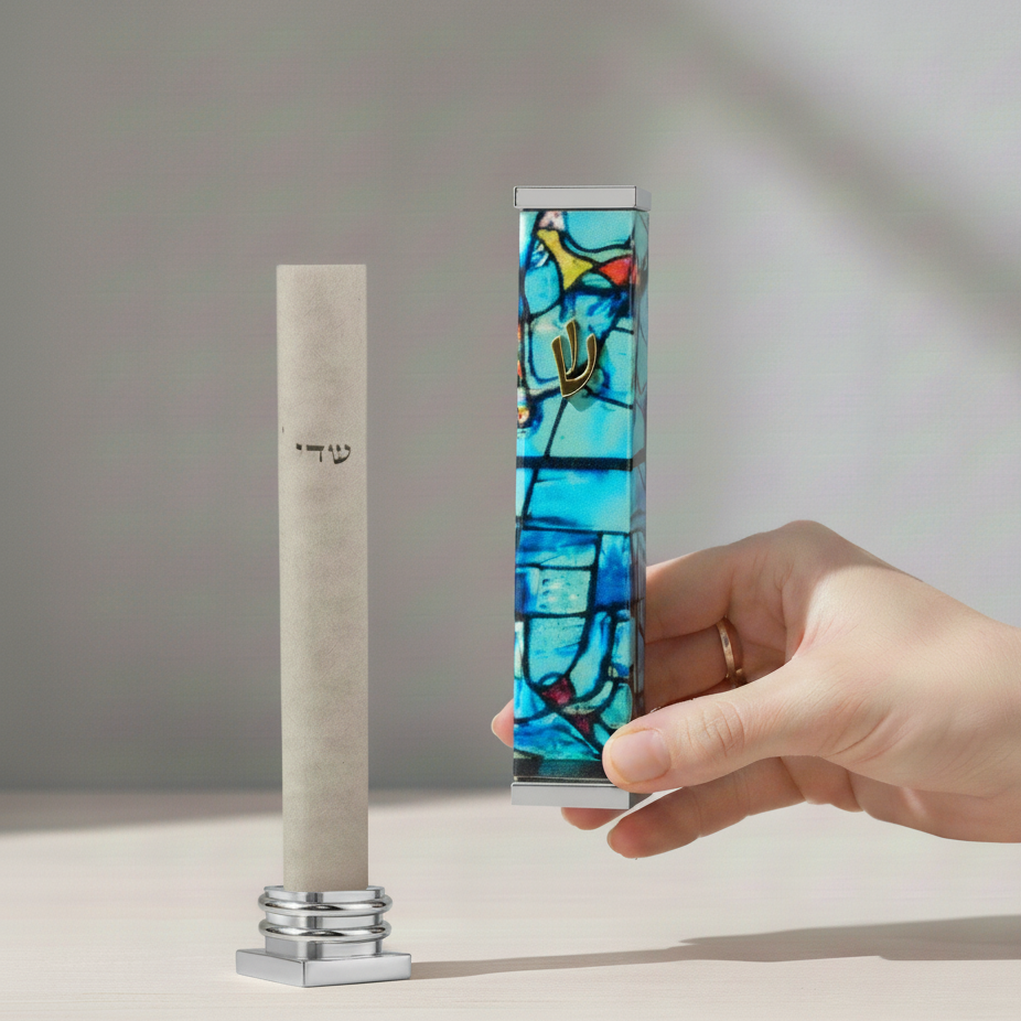 מזוזה מיוחדת בעיצוב אומנותי על רקע חלונות שאגאל בצבעים מרשימים 