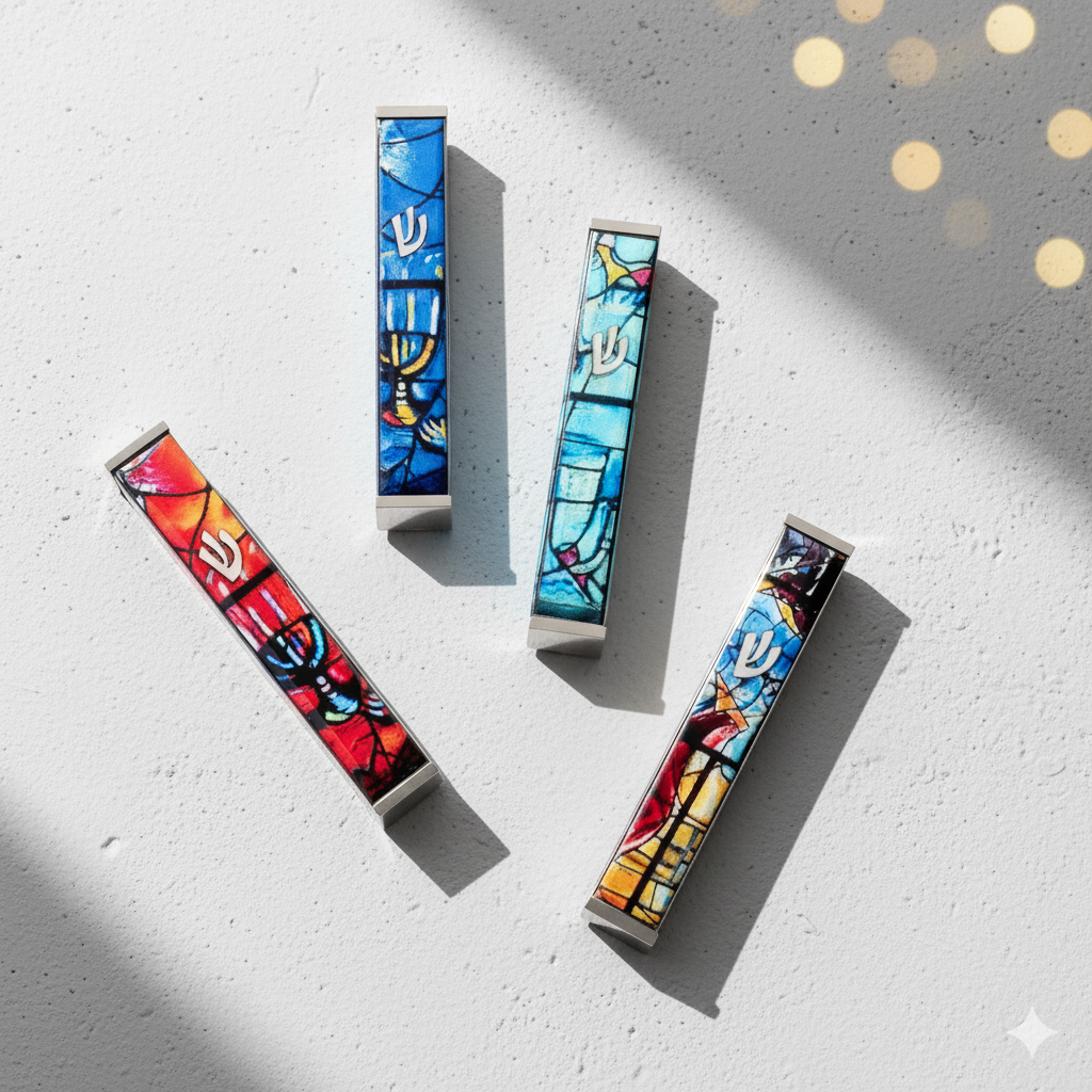 מזוזה מיוחדת בעיצוב אומנותי על רקע חלונות שאגאל בצבעים מרשימים 