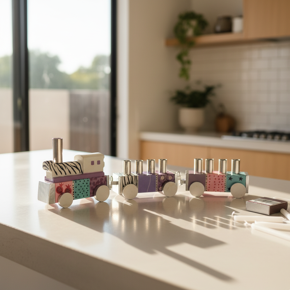 חנוכיה לילדים בעיצוב רכבת – חנוכיה צבעונית בעבודת יד | דגם TRAIN 