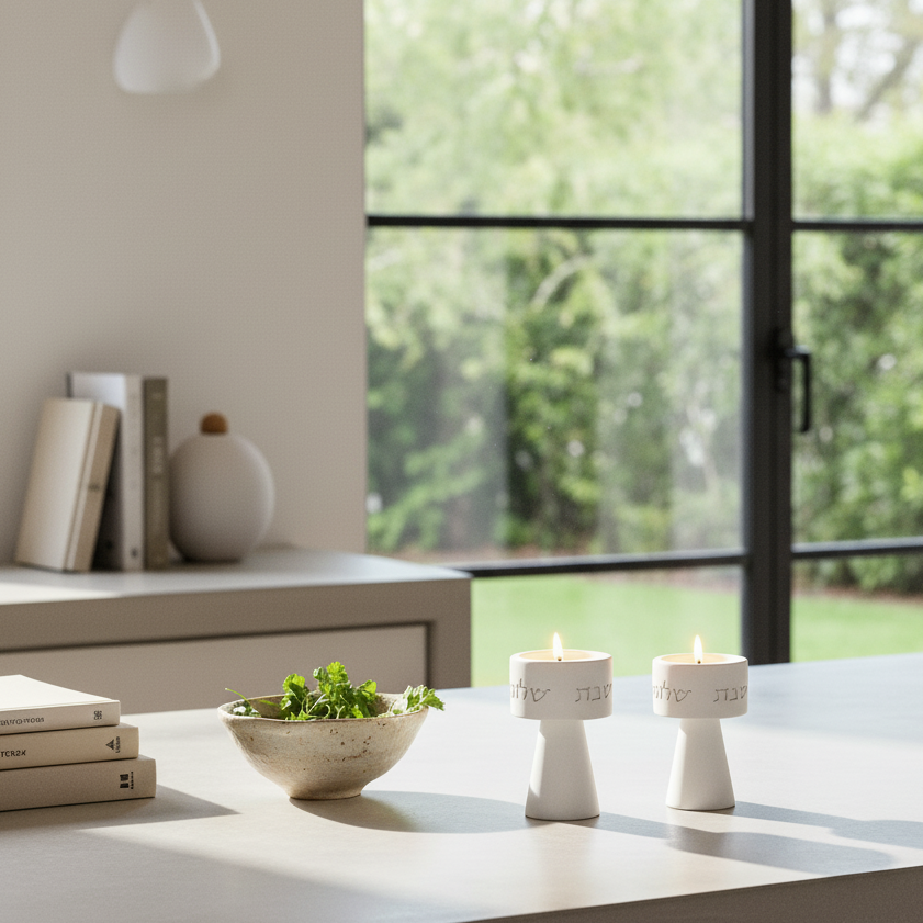 סט פמוטי שבת מודרניים מבטון לבן – דגם Solura 