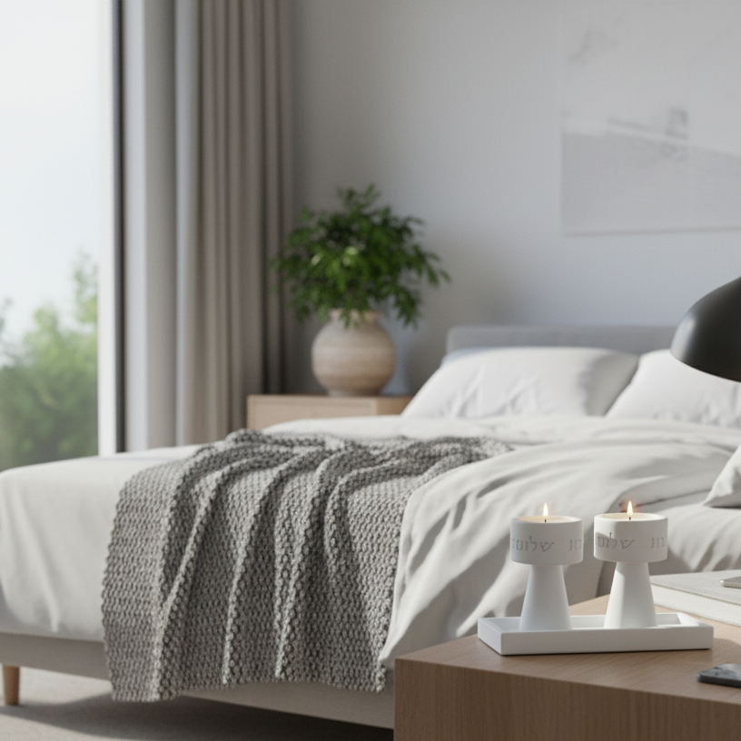 סט פמוטי שבת מודרניים מבטון לבן – דגם Solura 