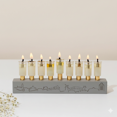 חנוכיה מבטון אמיתי בצבעים נקיים עם קנים בצבע זהב - מודל Jerusalem Outline S 