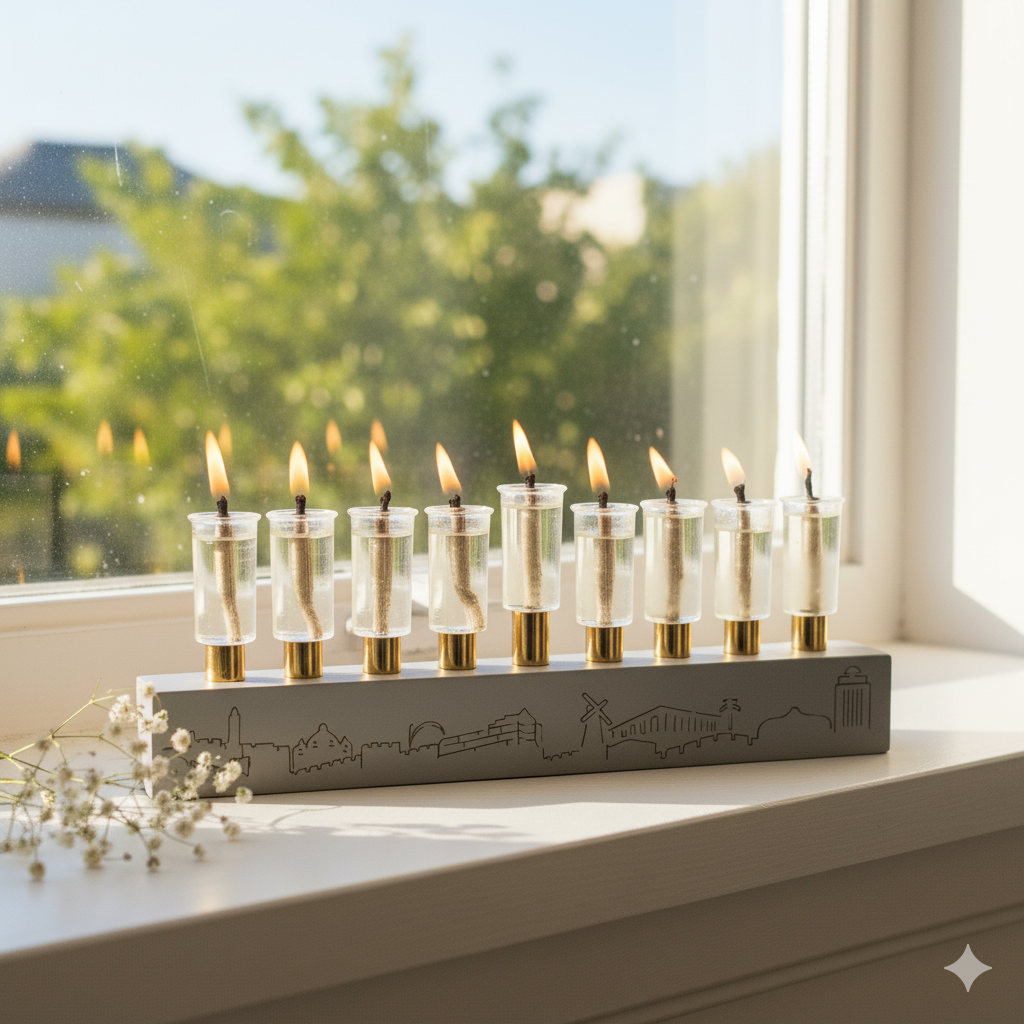 חנוכיה מבטון אמיתי בצבעים נקיים עם קנים בצבע זהב - מודל Jerusalem Outline S  אפור