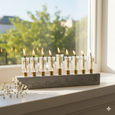חנוכיה מבטון אמיתי בצבעים נקיים עם קנים בצבע זהב - מודל Jerusalem Outline S  אפור