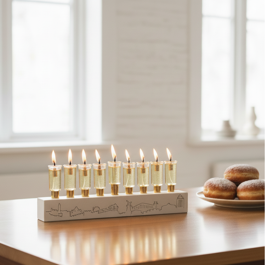 חנוכיה מבטון אמיתי בצבעים נקיים עם קנים בצבע זהב - מודל Jerusalem Outline S 