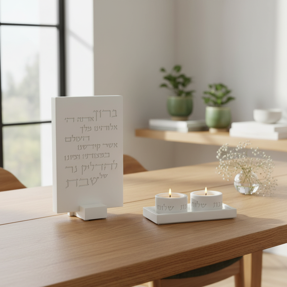 סט פמוטים מעוצבים לשבת על מגש בטון מודרני עם ברכת הדלקת נרות - דגם Urban Blessings 