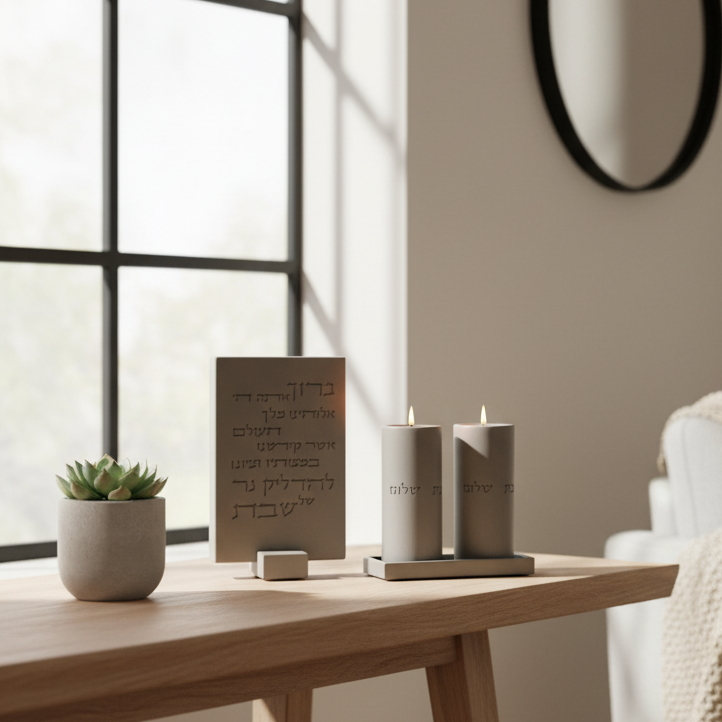 סט פמוטים לשבת עם מגש בטון מעוצב וברכת הדלקת נרות חרוטה מבטון - דגם Shabbat Loft 