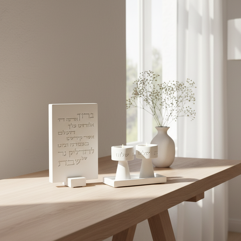 סט פמוטים לשבת עם מגש בטון מעוצב וברכת הדלקת נרות- דגם City Lights 