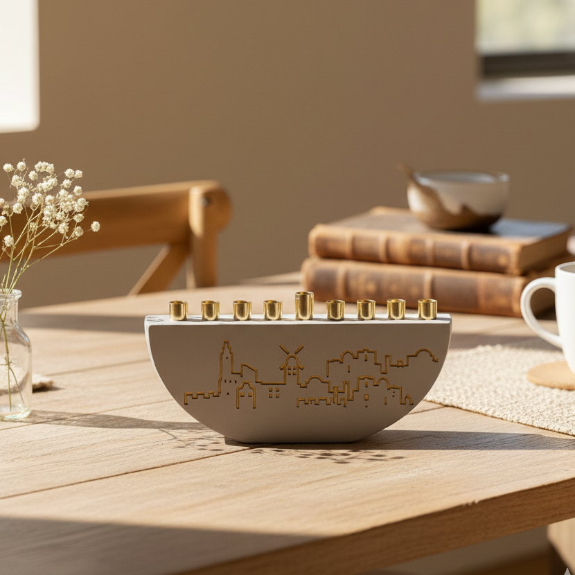 חנוכיה מבטון אמיתי בצבעים מרהיבים עם קנים בצבע זהב - מודל Jerusalem Outline L 