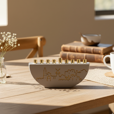 חנוכיה מבטון אמיתי בצבעים מרהיבים עם קנים בצבע זהב - מודל Jerusalem Outline L 