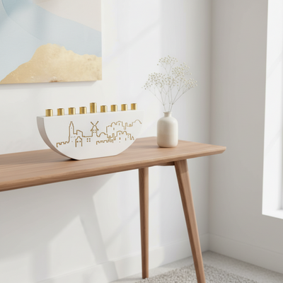 חנוכיה מבטון אמיתי בצבעים מרהיבים עם קנים בצבע זהב - מודל Jerusalem Outline L 