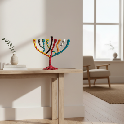 חנוכיה מעוצבת "עץ החיים" מאלומיניום יצוק צבוע באמייל עבודת יד - דגם The Wild Tree 