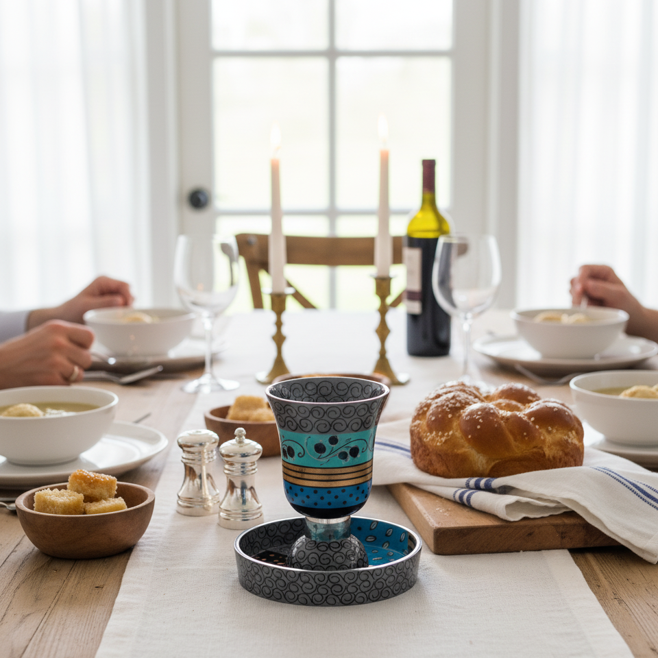 גביע קידוש יוקרתי ומודרני בעיצוב מיוחד – עבודת יד בצבעי אמייל על אלומיניום יצוק כולל תחתית – דגם Premium Curved 