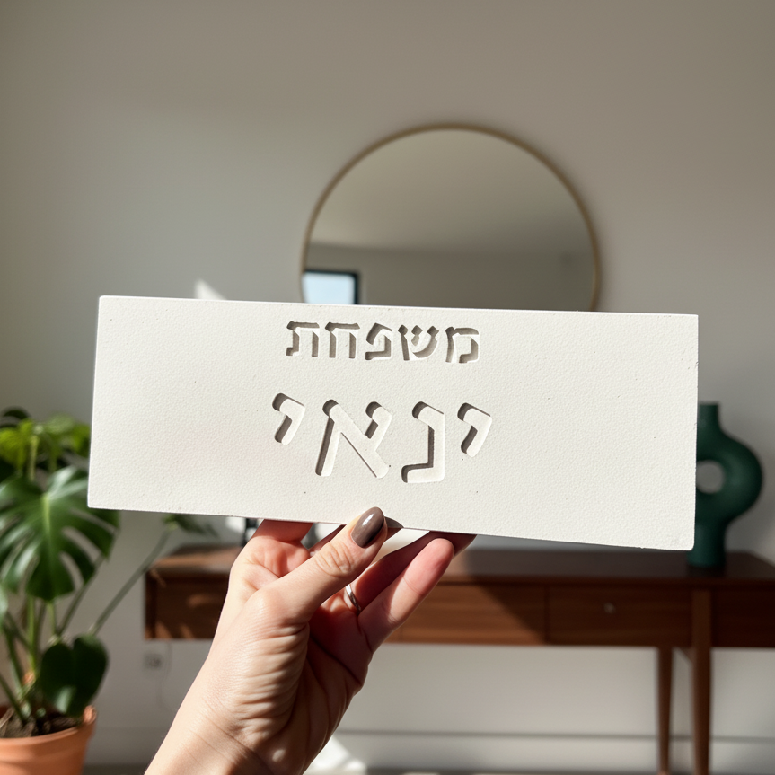 שלט כניסה בעיצוב אישי מבטון נקי בצבע בז עם חריטה - דגם Sandy 