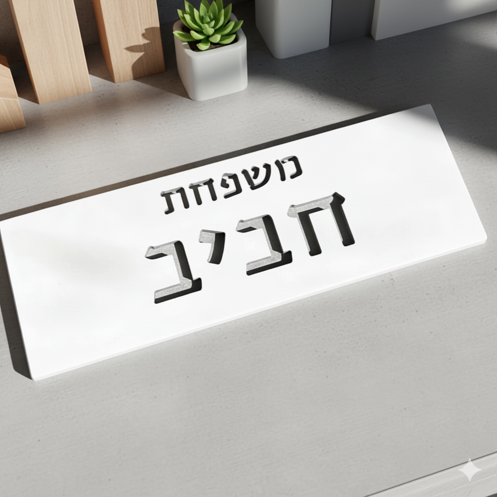 שלט בעיצוב אישי לדלת עם שמות לחריטה מבטון בצבע לבן נקי - דגם Snow 